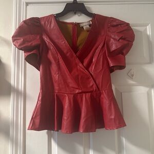 Flying Tomato Red Faux Leather Puff Sleeve Blouse